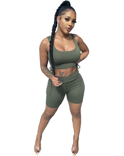 ( Presale March New Arrivals)Women Solid Color Crop Tops Strappy Two Piece Set Gray Black Green S-2XL