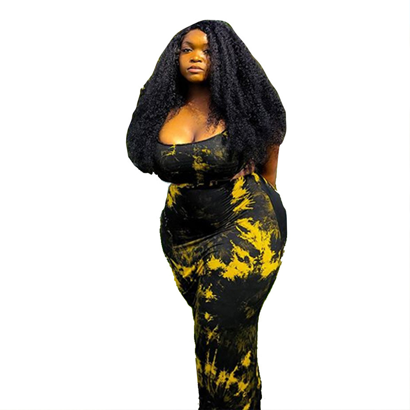 Women Hollow Out Print O-Neck One Piece Dress Black Yellow L-4XL