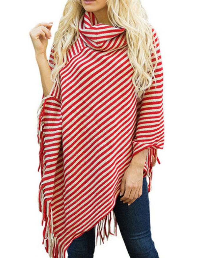 Women's Stylish High Neck Striped Loose Warm Sweater Pink Red Wine Red Green Yellow One Size