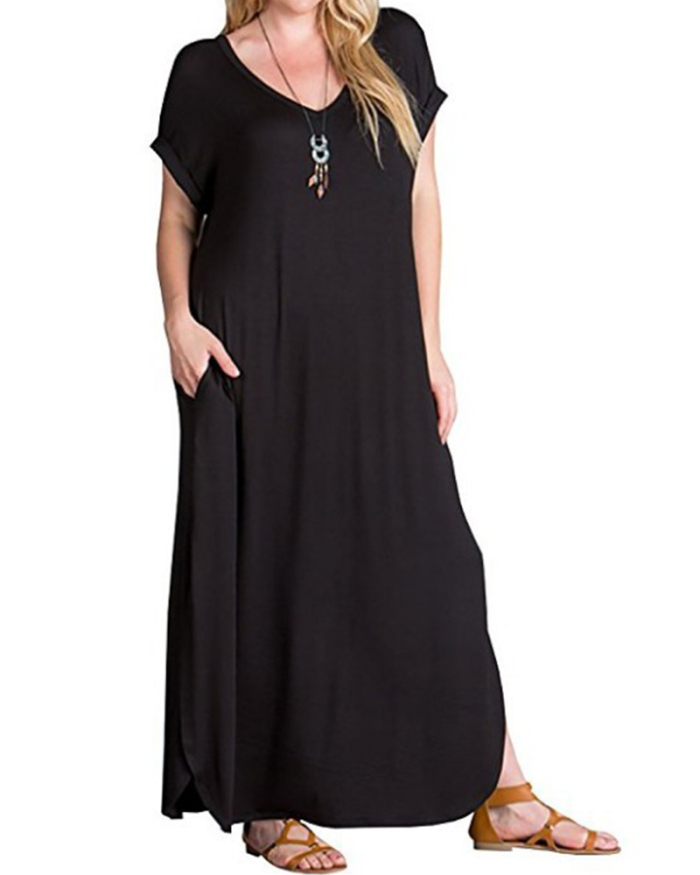 Women Plus Size Solid Color V-Neck Short Sleeves Long One Piece Dress Black Red Purple Blue Green L-4XL