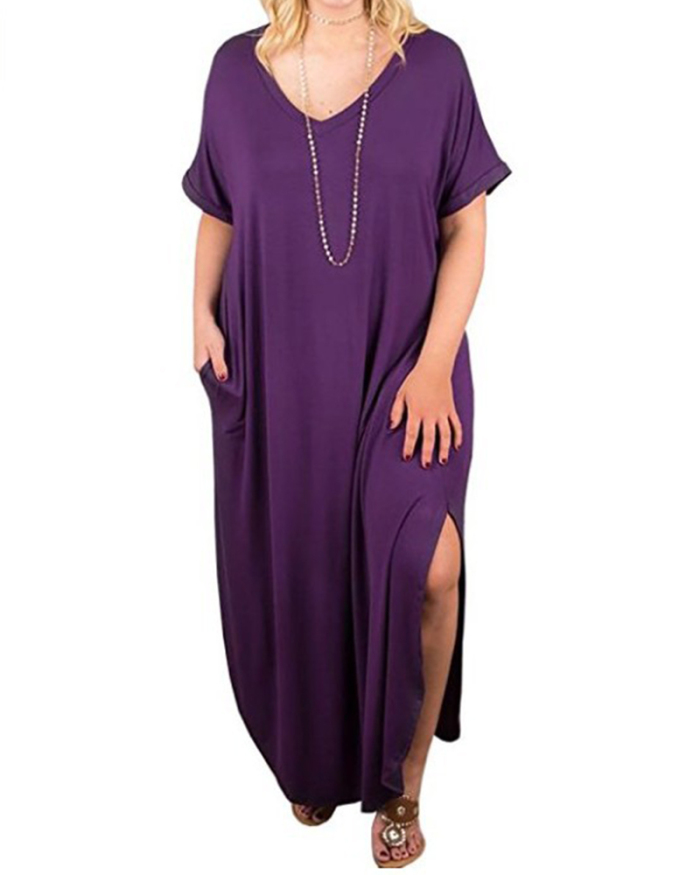 Women Plus Size Solid Color V-Neck Short Sleeves Long One Piece Dress Black Red Purple Blue Green L-4XL