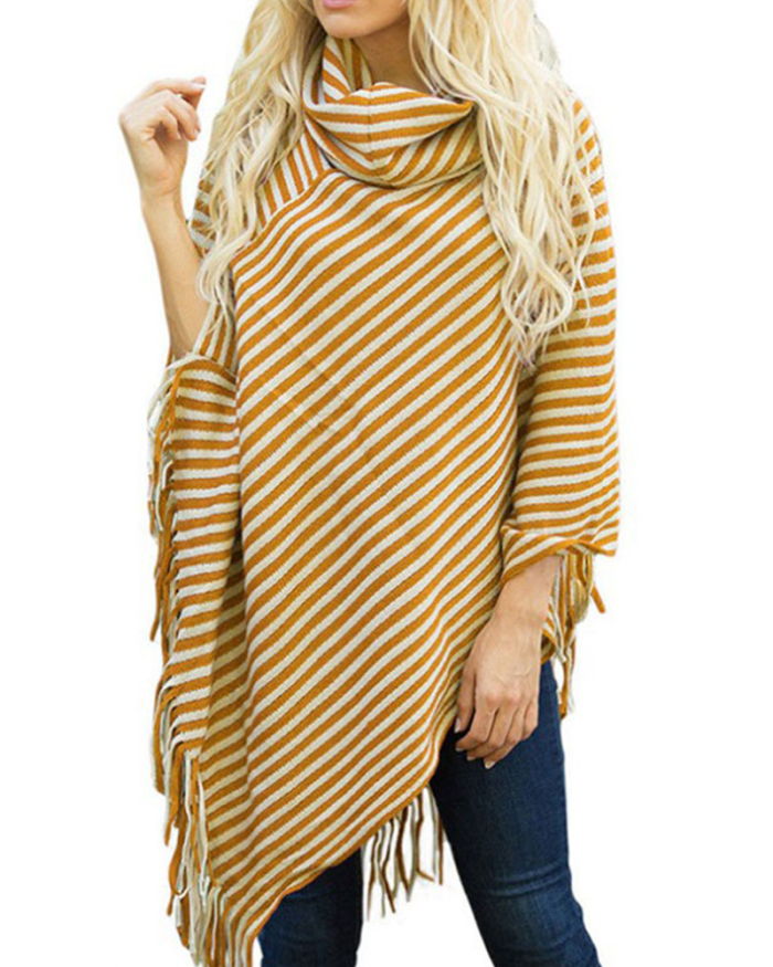 Women's Stylish High Neck Striped Loose Warm Sweater Pink Red Wine Red Green Yellow One Size