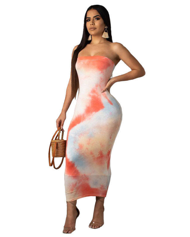 New Summer Strapless Tie-dye Sexy Tight Women Long Dress Orange S-2XL 
