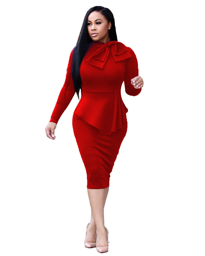 Elegant Women Neck Bowknot Solid Color Long Sleeve Office Lady Midi Bodycon Dress Red Green Blue S-2XL
