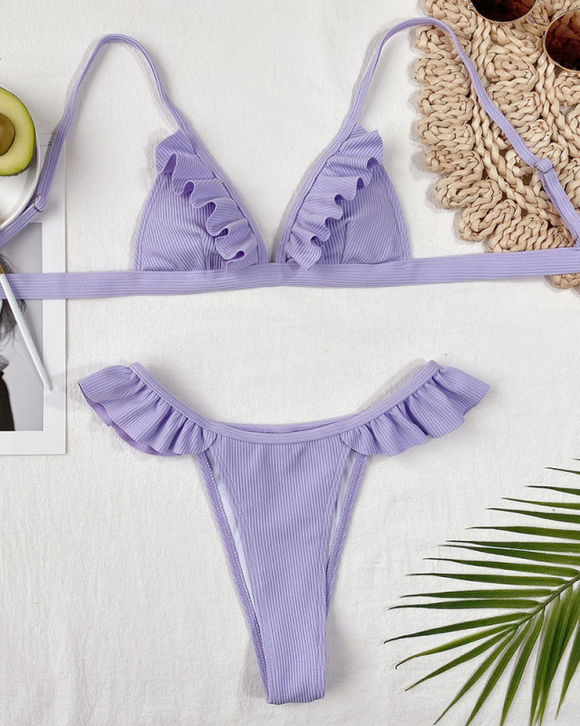 Women Sexy Rib-knit Ruffle Bikini Two-piece Swimsuit Purple S-L