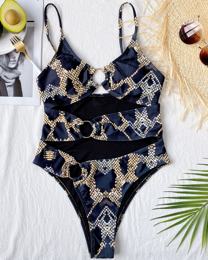 Women Fashion Printed Hollow Out Steel Ring One-piece Swimsuit S-L