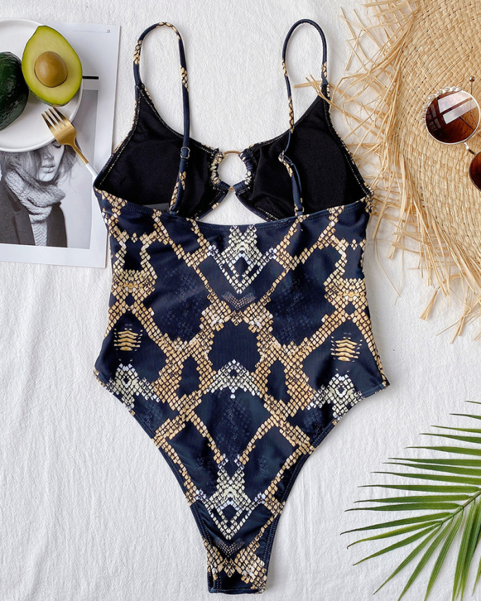Women Fashion Printed Hollow Out Steel Ring One-piece Swimsuit S-L
