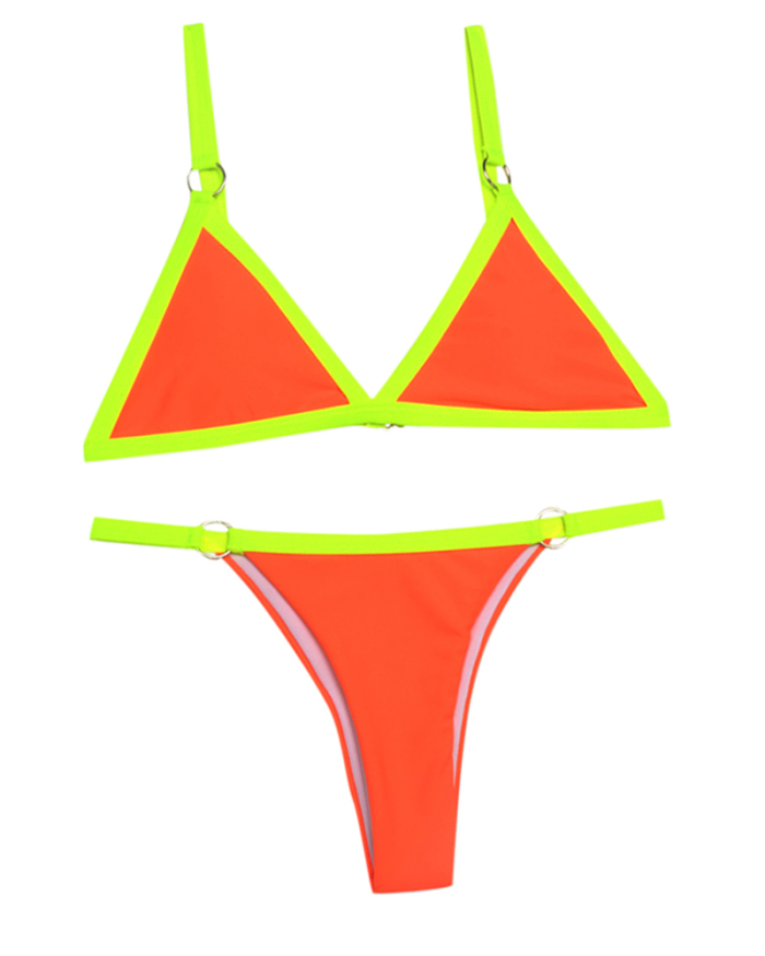 Women Sexy Solid Color Triangle Strappy Two Piece Swimwear White Orange Red Yellow S-L