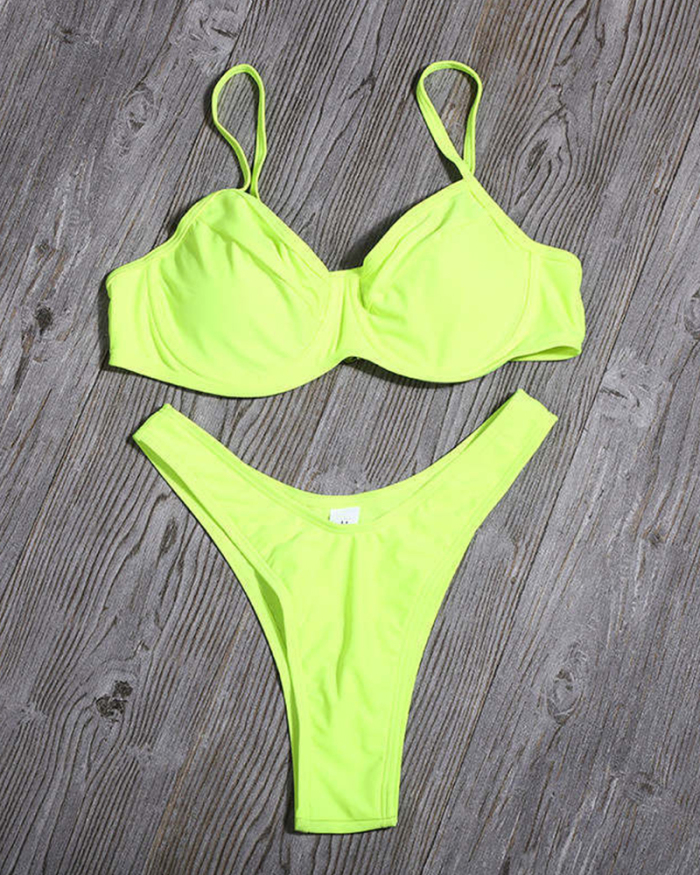 Women Sexy V Thong Strap Two-piece Swimsuit Yellow Leopard Orange Fluorescent Green Sunflower Black S-L