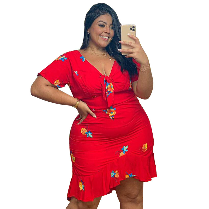 Women Print Tie Knot Ruffle One Piece Dress Red L-4XL
