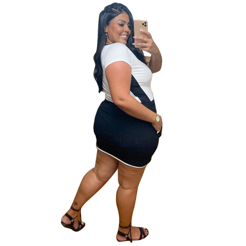 Women Colorblock V-neck Short Sleeve One Piece Plus Size Dress White L-4XL