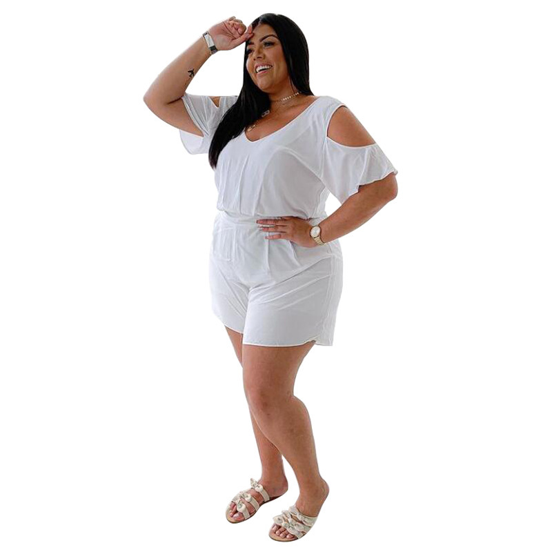 Women Solid Color Hollow Out Causal Jumpsuit White L-4XL