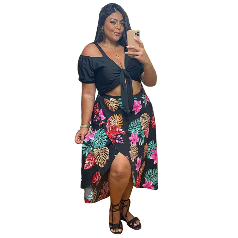Women Print Tie Knot Crop Tops Two Piece Set Yellow Black Green L-4XL