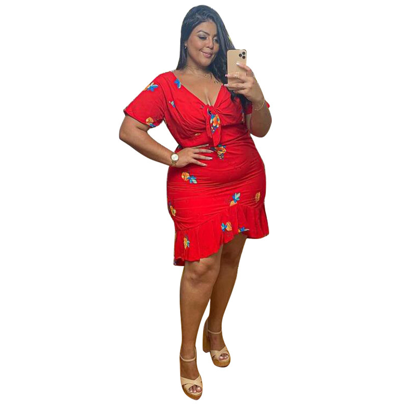 Women Print Tie Knot Ruffle One Piece Dress Red L-4XL