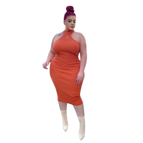 Women Sexy Solid Color Halter One Piece Dresses Orange XL-4XL