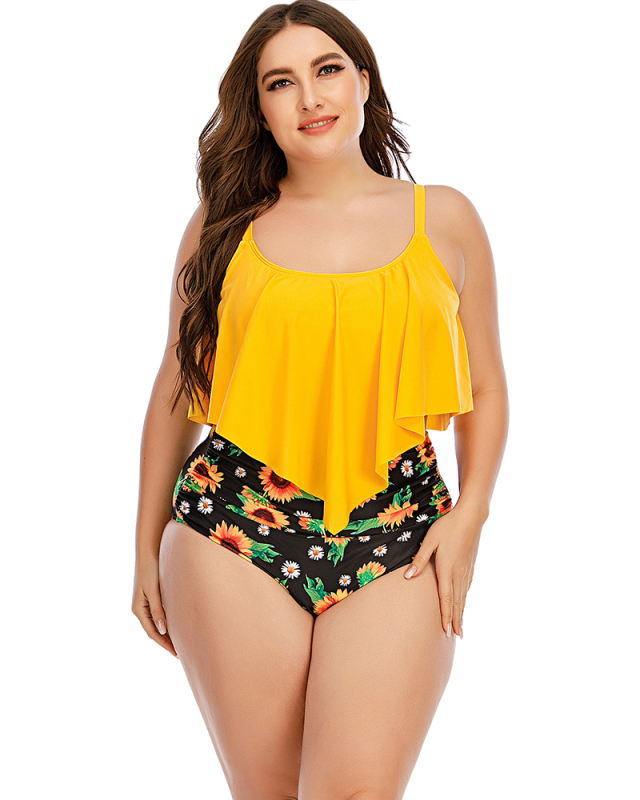 Women Print High Waist Solid Color Tops Two Piece Swimwear Black Yellow L-5XL