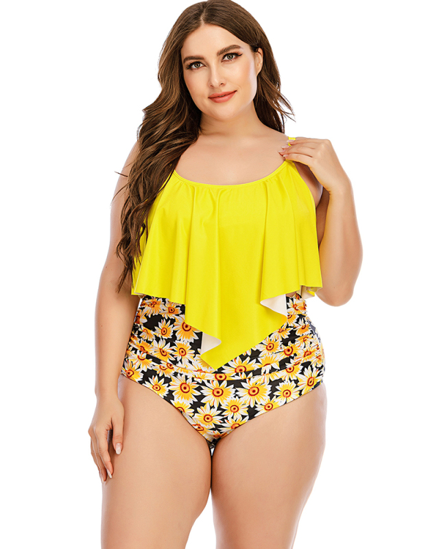 Women Print High Waist Solid Color Tops Two Piece Swimwear Black Yellow L-5XL