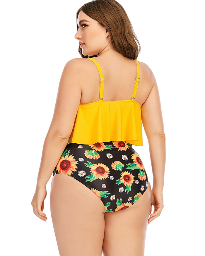 Women Print High Waist Solid Color Tops Two Piece Swimwear Black Yellow L-5XL