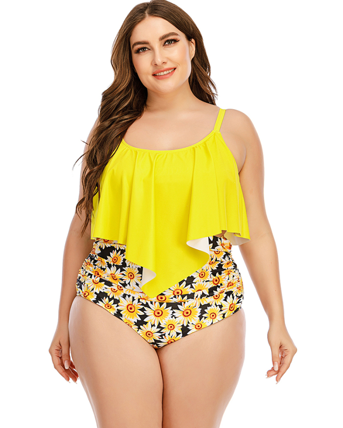 Women Print High Waist Solid Color Tops Two Piece Swimwear Black Yellow L-5XL
