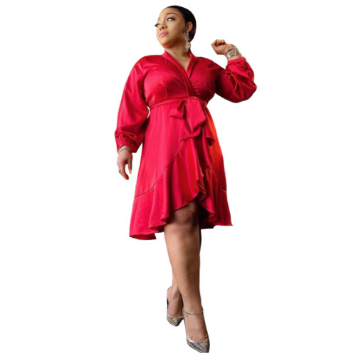 Spring New Long Sleeve Women's Ruffle Sexy Wrap Plus Size Dresses Red Deep Green L-3XL