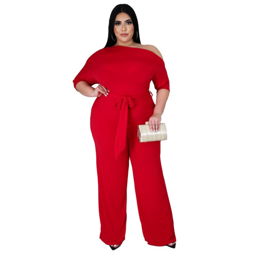 Women Slash Neck Half Sleeve Wide Leg Plus Size Jumpsuits Red Wine Red Black L-4XL