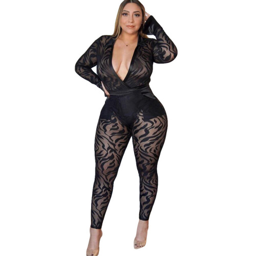 Women Sexy Mesh See Through Long Sleeve Deep V-neck Striped Black Plus Size Jumpsuit Black L-4XL