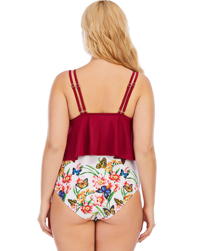Women Plus Size High Waist Solid Color Tops Two Piece Swimwear Rose Red L-5XL