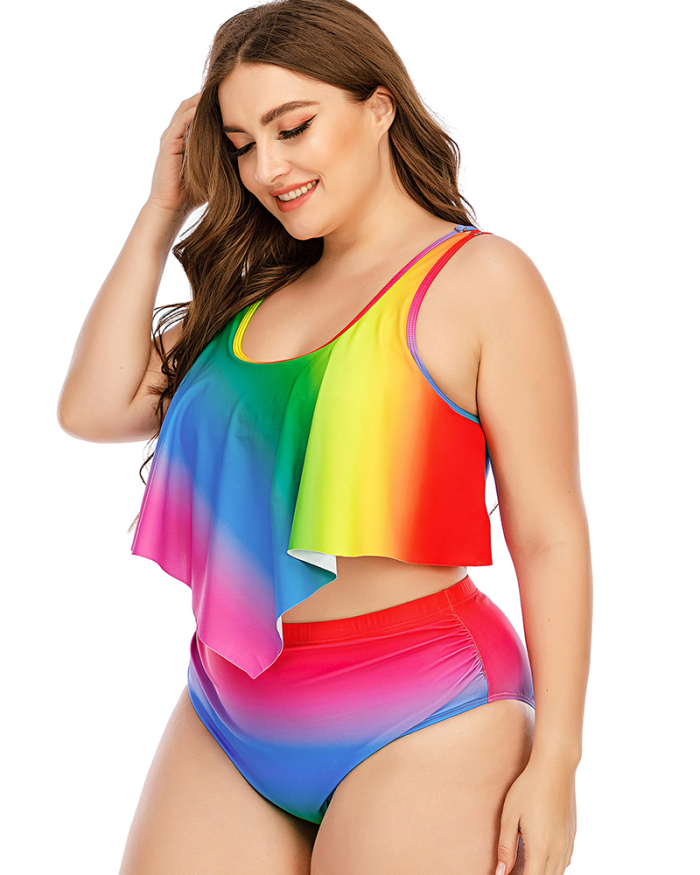 Women Rainbow Color High Waist Plus Size Swimwear L-5XL