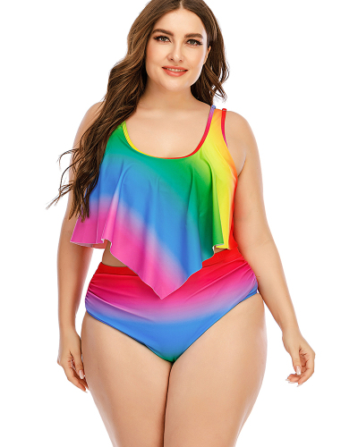 Women Rainbow Color High Waist Plus Size Swimwear L-5XL