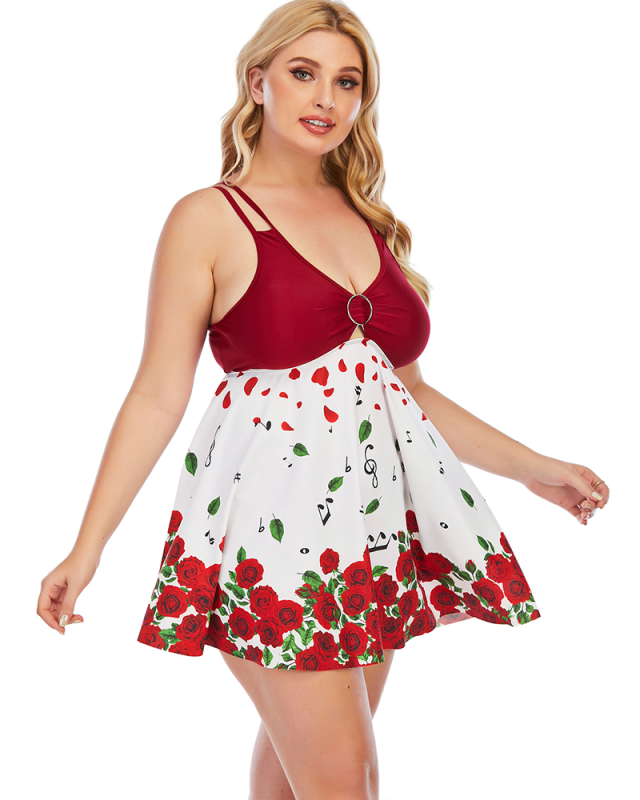 Women Plus Size Print Colorblock One Piece Swimwear Red L-5XL 