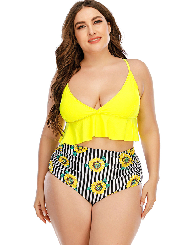  Women Ruffle High Waist Plus Size Swimsuit Red Yellow Orange Blue L-5XL 
