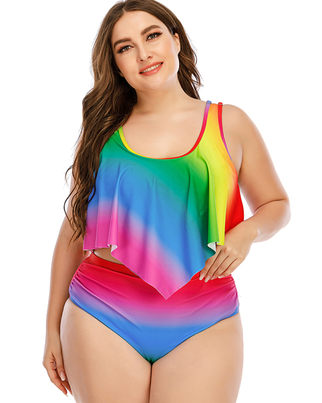 Women Rainbow Color High Waist Plus Size Swimwear L-5XL
