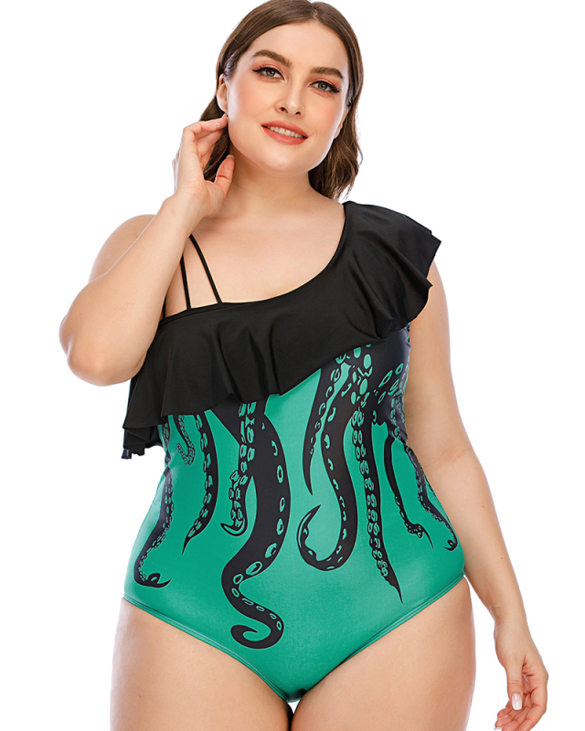 Fashion Ruffles One Piece Women Plus Size Swimsuit Green Black L-5XL