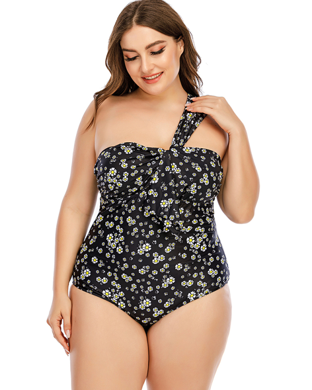 Women Florals Print One Shoulder Slim One Piece Plus Size Swimwear Black L-5XL