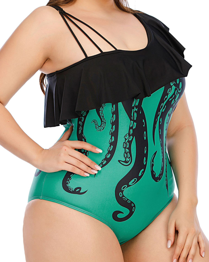 Fashion Ruffles One Piece Women Plus Size Swimsuit Green Black L-5XL