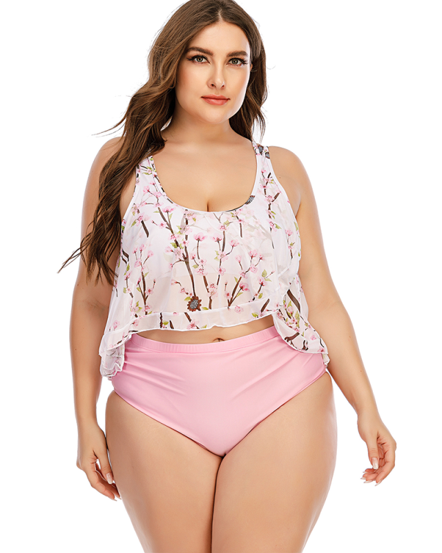Lady Plus Size Plum Blossom Printing Two Piece Swimwear L-5XL