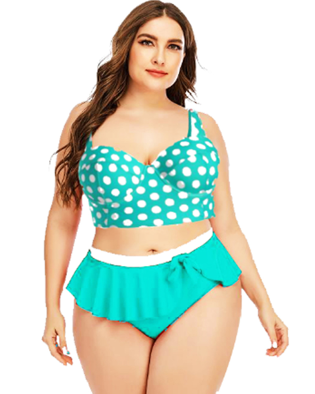 Stylish Sexy Women Dot Pointed Ruffles Thong Two Piece Plus Size Swimwear  Blue Red L-5XL