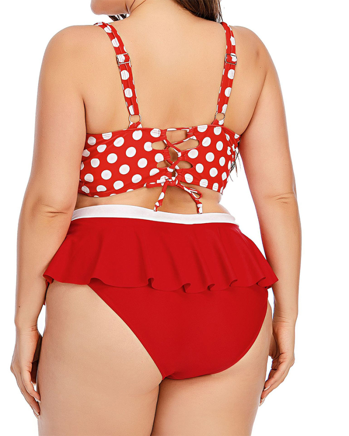 Stylish Sexy Women Dot Pointed Ruffles Thong Two Piece Plus Size Swimwear  Blue Red L-5XL