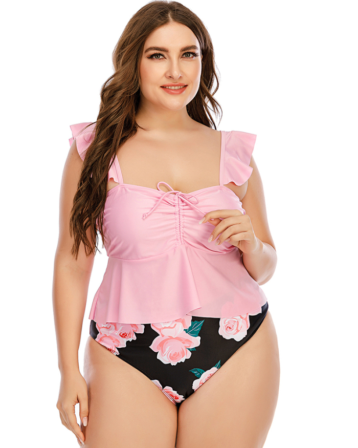  Sexy Cute High Waist Two Piece Women Plus Size Swimwear Pink L-5XL