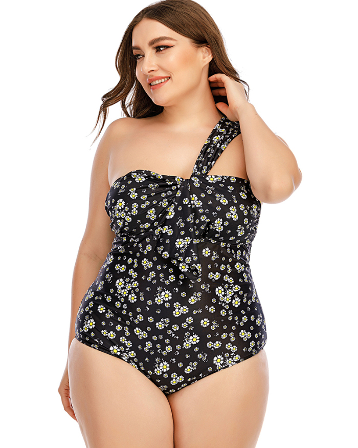 Women Florals Print One Shoulder Slim One Piece Plus Size Swimwear Black L-5XL