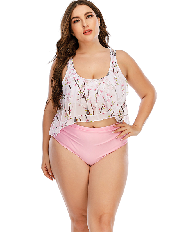 Lady Plus Size Plum Blossom Printing Two Piece Swimwear L-5XL