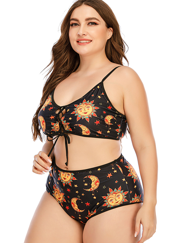 Women Strap Sun & Moon Printed High Waist Two Piece Plus Size Swimwear Black L-5XL