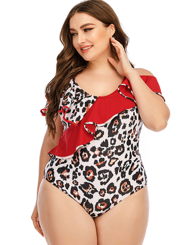 Sexy Women Ruffles One Piece Plus Size Swimsuit Leopard Colorblock L-5XL