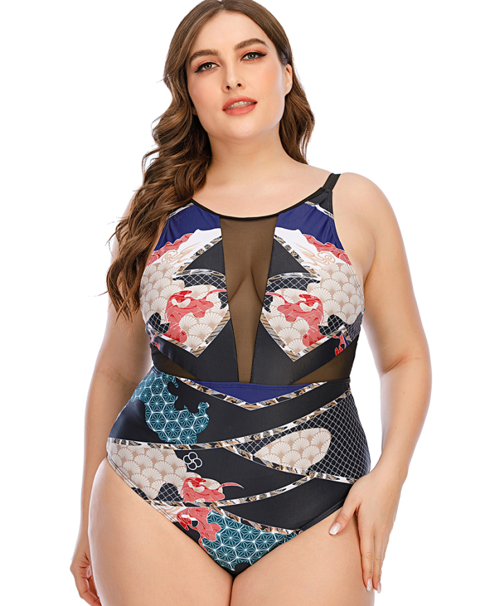 Women Stylish Mesh See Through Sleeveless One Piece Plus Size Swimwear Black L-5XL