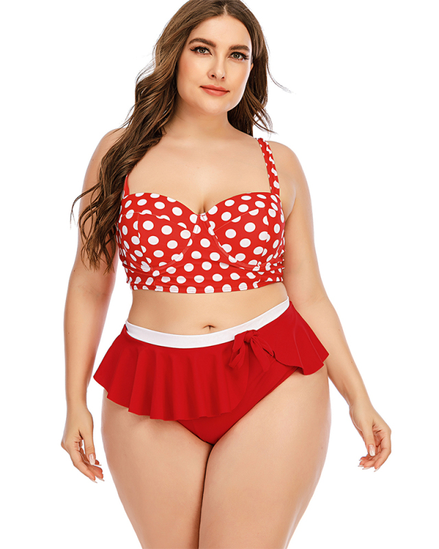Stylish Sexy Women Dot Pointed Ruffles Thong Two Piece Plus Size Swimwear  Blue Red L-5XL