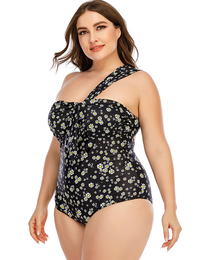 Women Florals Print One Shoulder Slim One Piece Plus Size Swimwear Black L-5XL