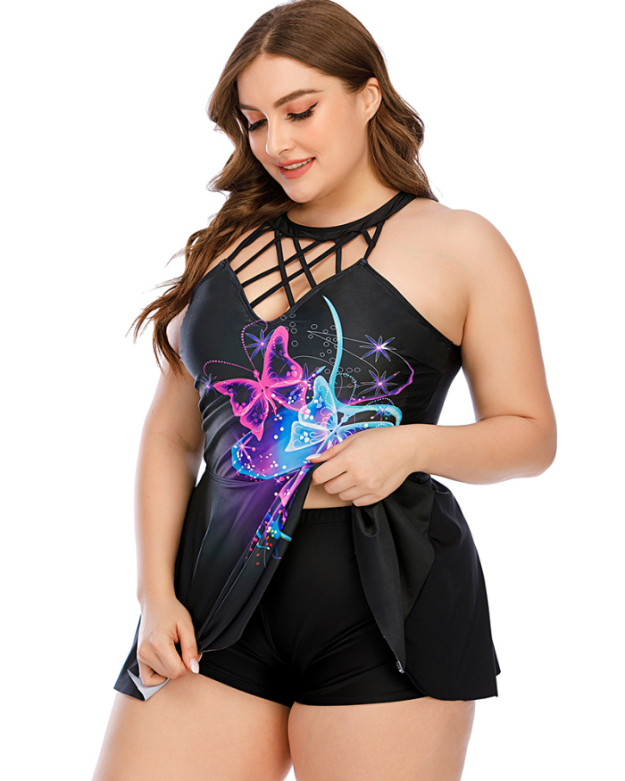  Women Hollow Out Backless Two Piece Plus Size Swimwear Butterfly Feather L-5XL