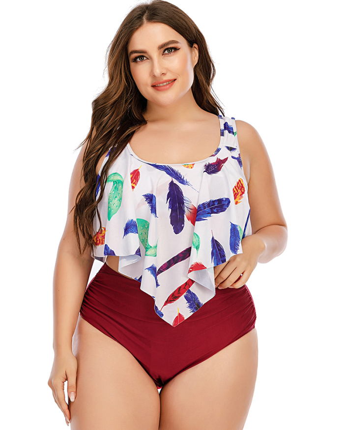 Women Feather printed High Waist Two Piece Plus Size Swimsuit White Blue L-5XL