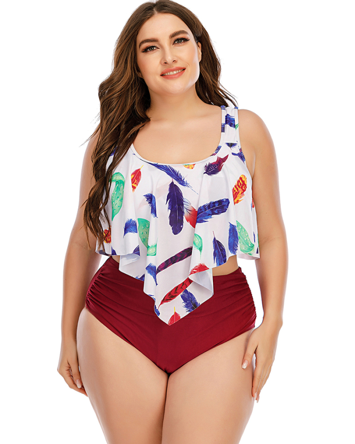 Women Feather printed High Waist Two Piece Plus Size Swimsuit White Blue L-5XL