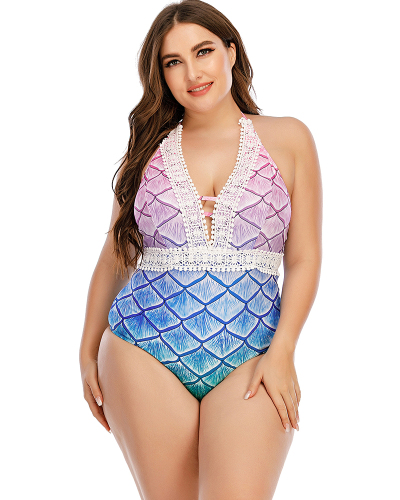 New Women Mermaid Tie-dye Pink One Piece Plus Size Swimwear Pink L-5XL